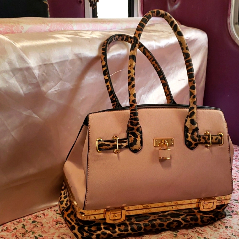 Powder pink leather & cheetah print purse handbag with secret bottom compartment